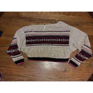 Free People Gold Metallic Fair Isle Cropped Batwing Sweater Womens Small Sparkle